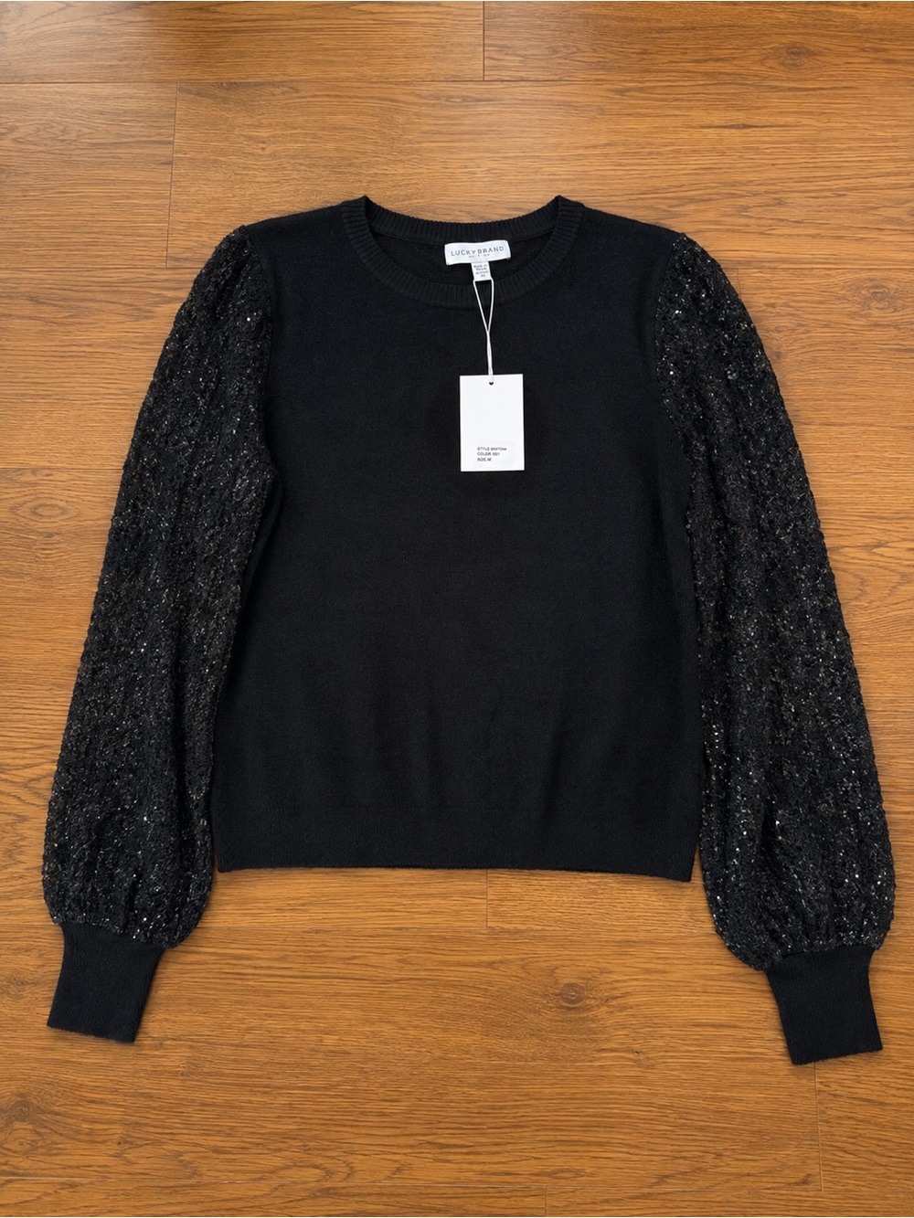 Lucy Paris Black Crewneck Sweater with Sheer Sparkle Balloon Sleeves Sz M NWT